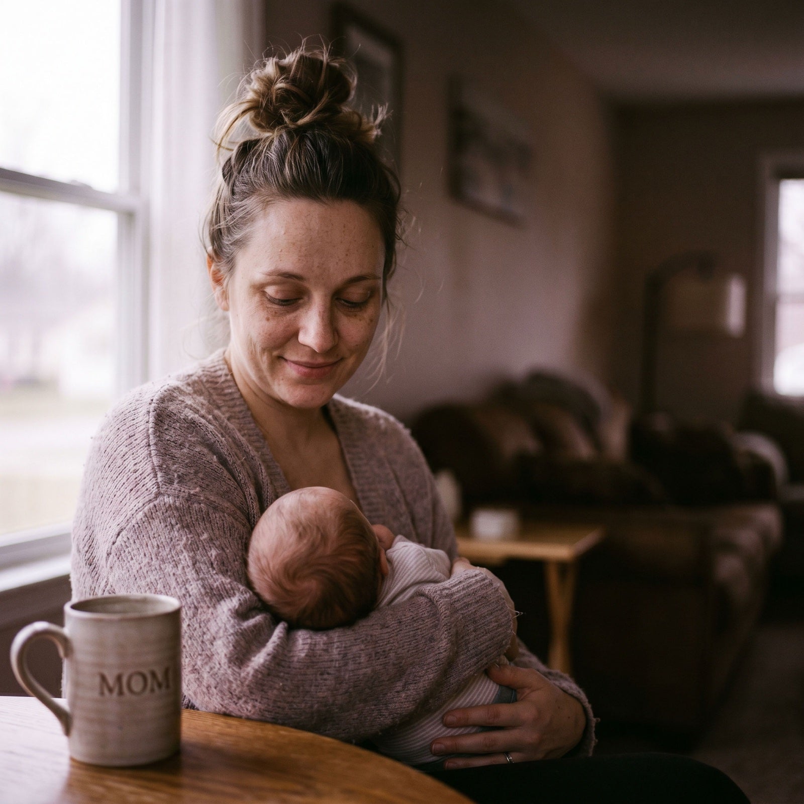New mom pausing at the kitchen table with her sleeping newborn