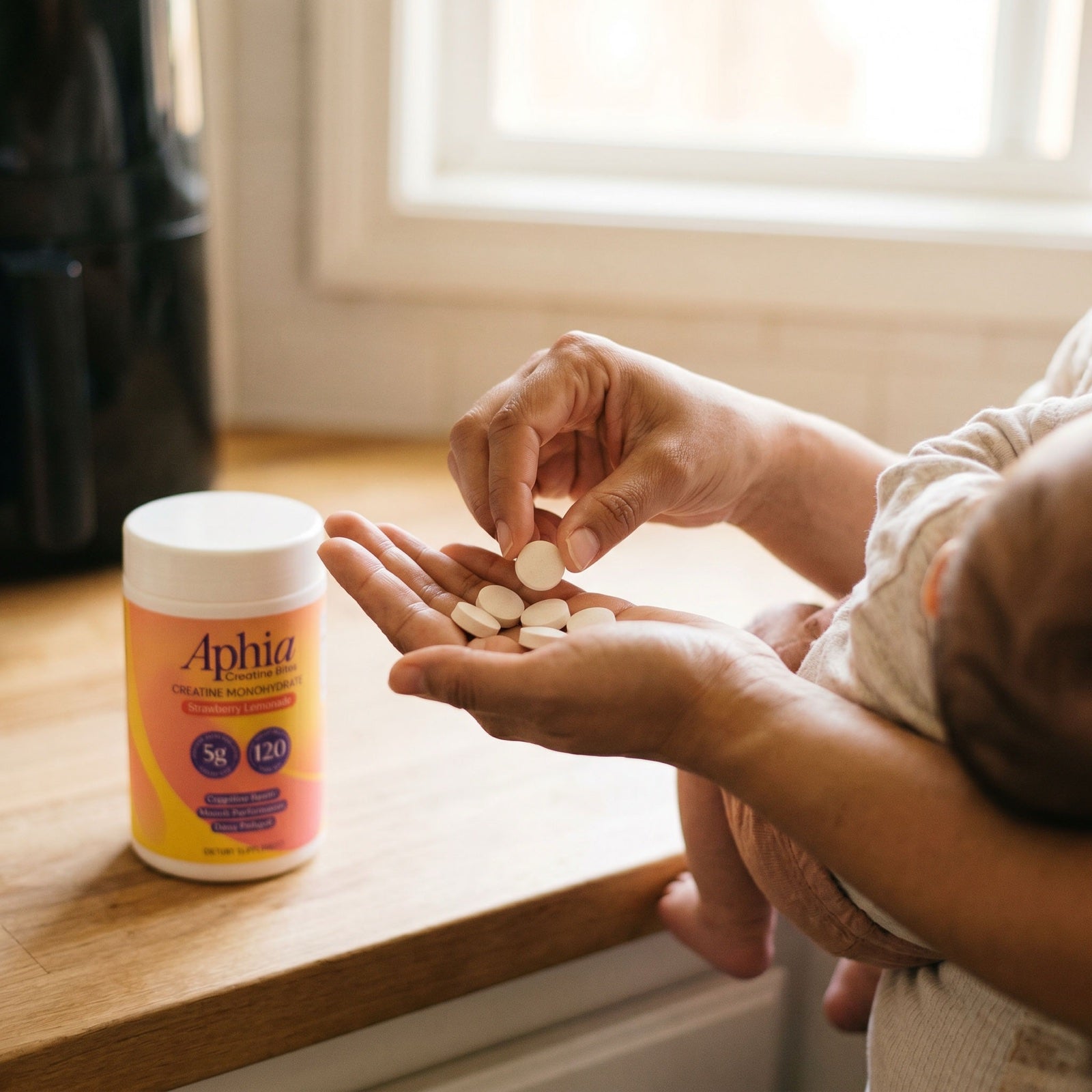 Aphia creatine chews bottle on the kitchen counter next to a baby bottle