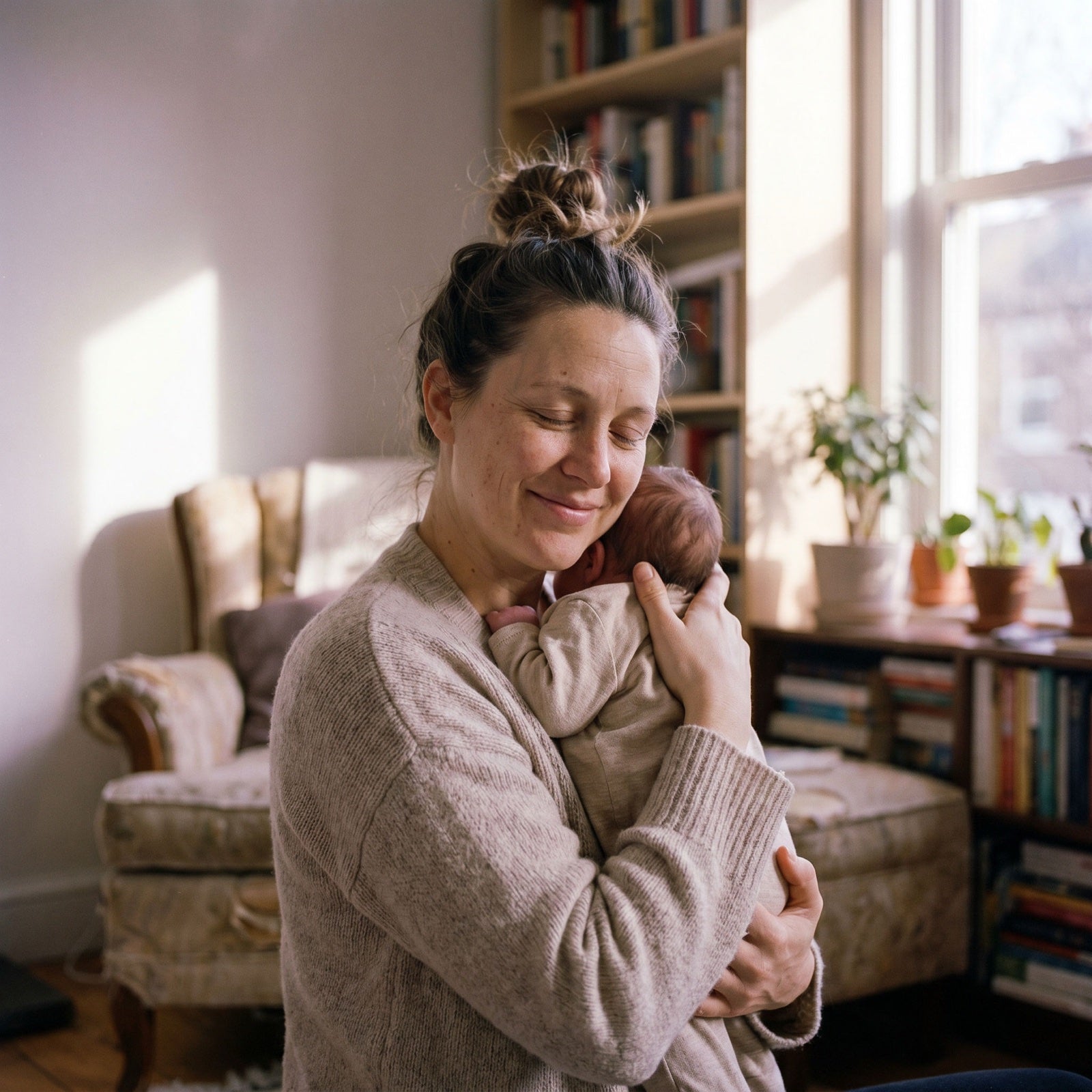 Mother holding her newborn close by the window