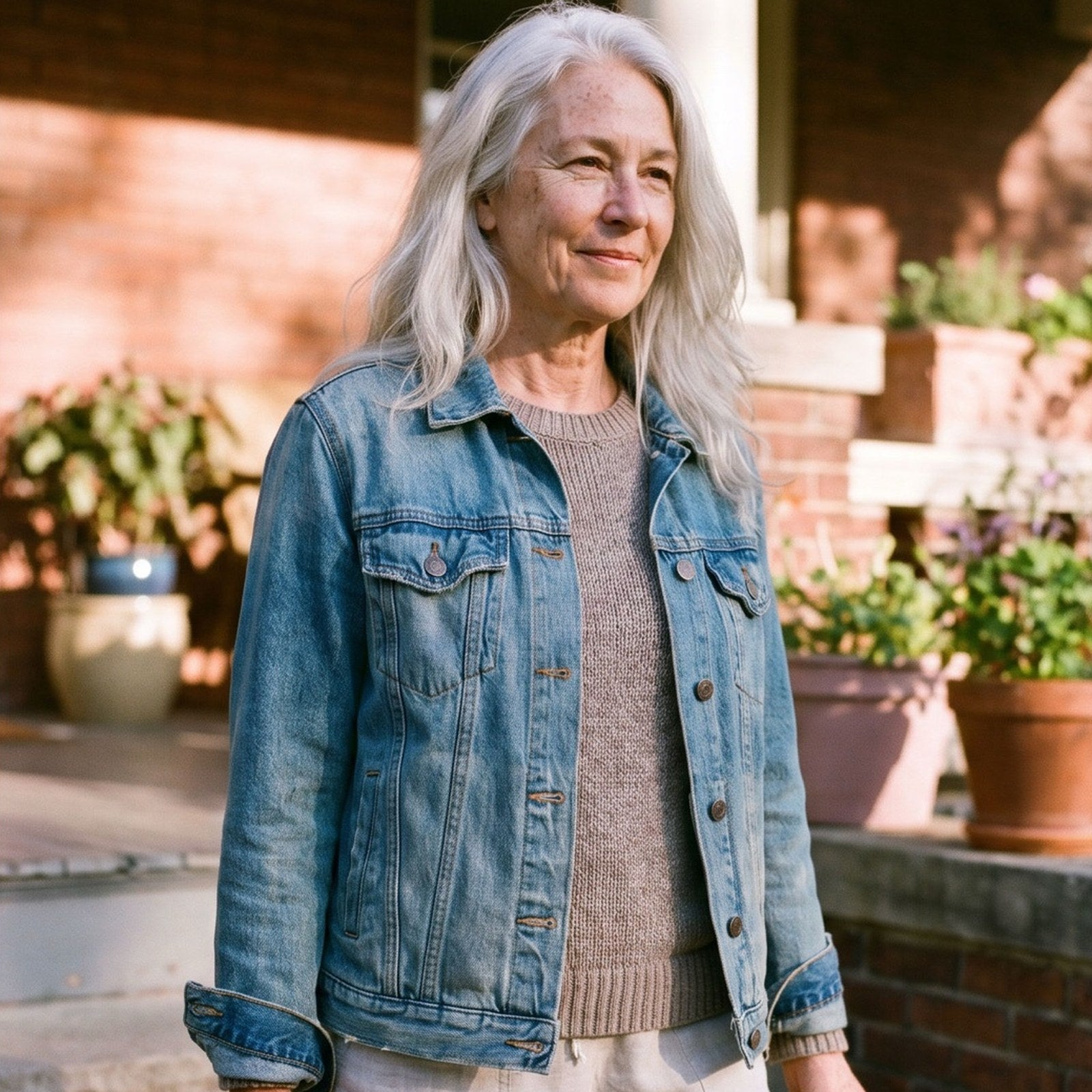 Woman in her 50s outside her home on a sunny morning