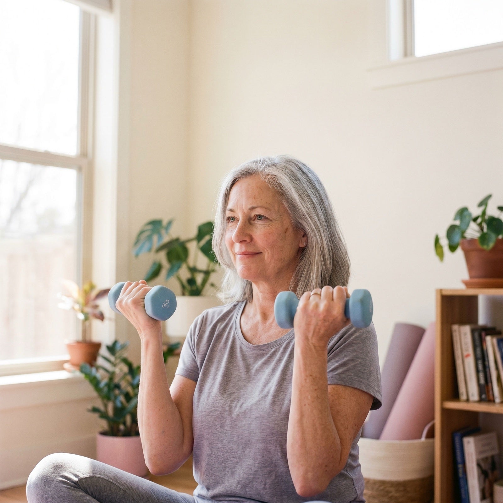 Woman in her 50s lifting light dumbbells at home